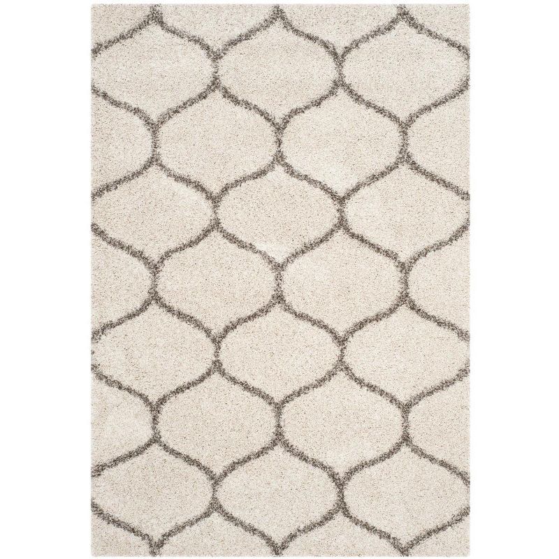 Ivory and Grey Round Shag Area Rug, 5'3" x 7'6", Synthetic