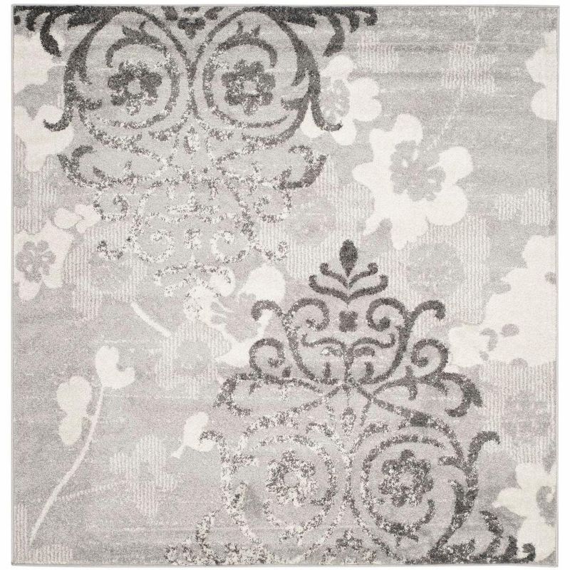 Elegant Silver/Ivory Floral 6' Square Synthetic Reversible Rug