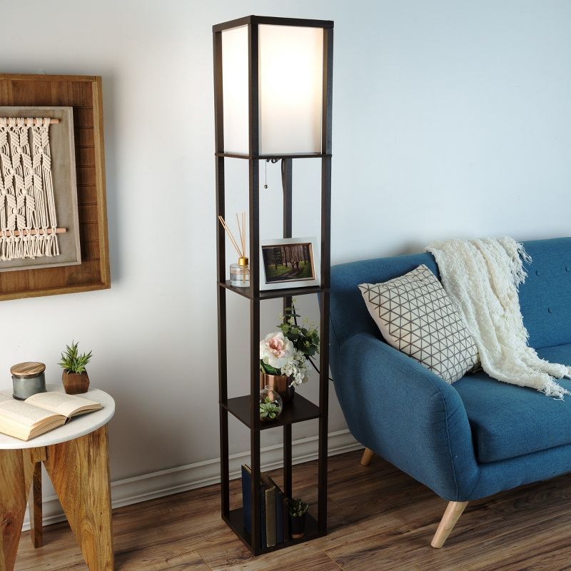 Brown 3-Tier Etagere Shelf Floor Lamp with White Shade