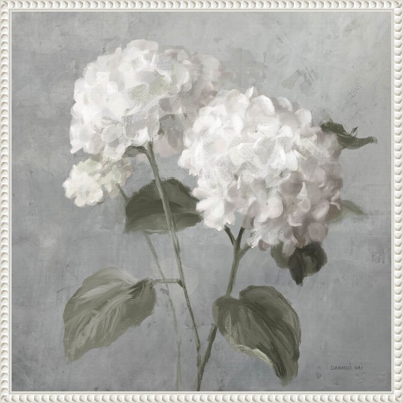 White Hydrangeas Botanical Canvas Print with Gray Background