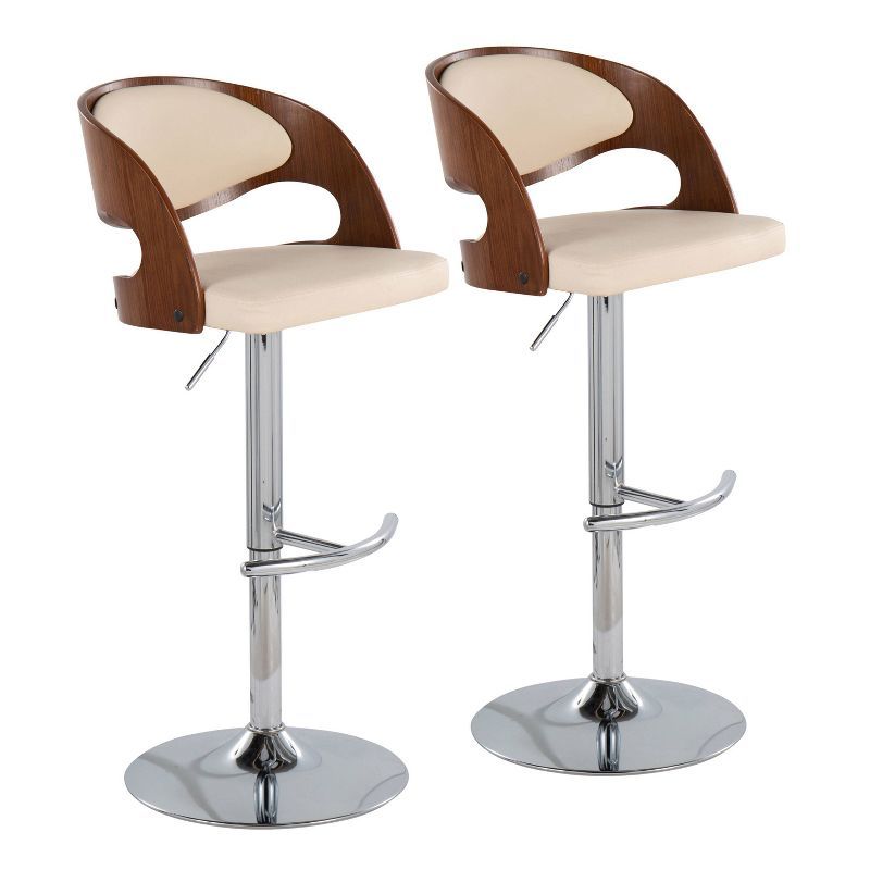 Set of 2 Walnut and Cream Adjustable Swivel Bar Stools