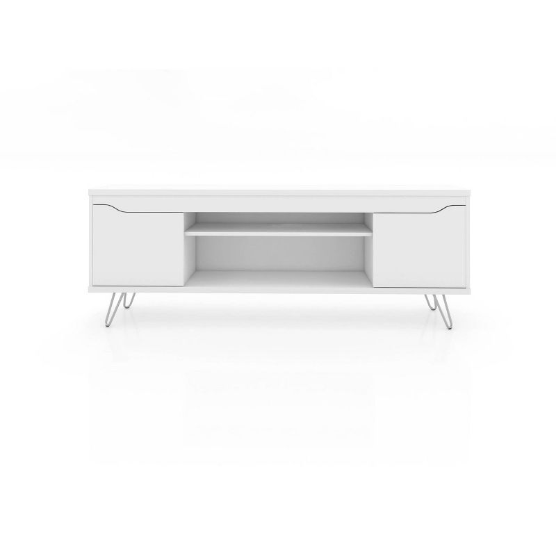 White Modern TV Stand with Cabinet and Metal Legs