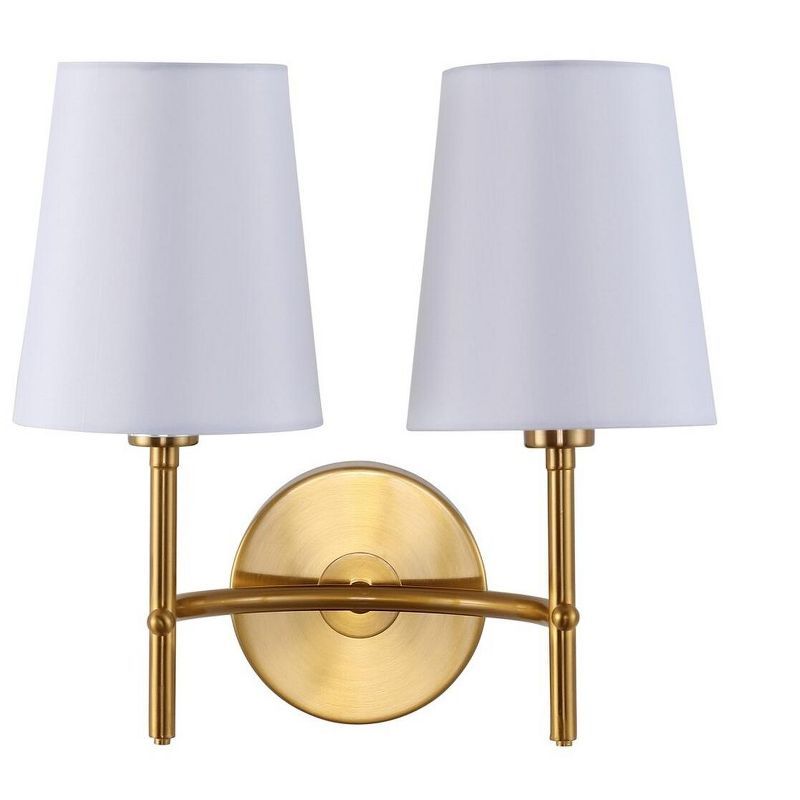 Mid-Century Modern Brass Gold Twin Light Wall Sconce with White Shades