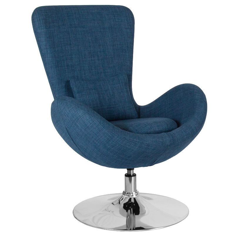 31" Blue Fabric and Faux Leather Swivel Egg Chair