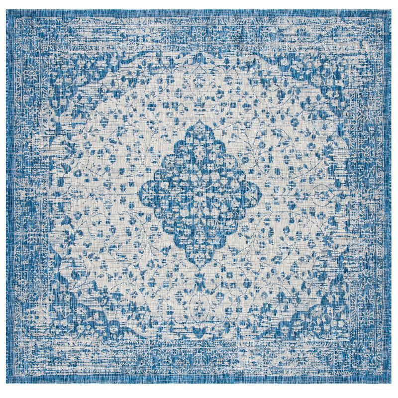 Blue and Grey Square Synthetic Indoor/Outdoor Rug