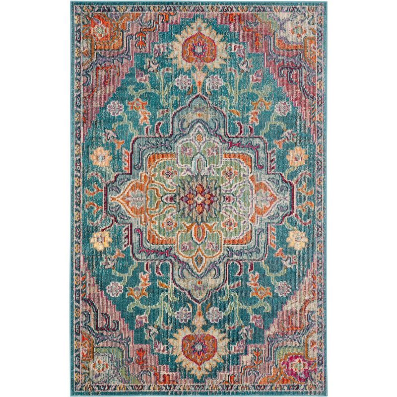 Teal and Rose Floral Synthetic Area Rug
