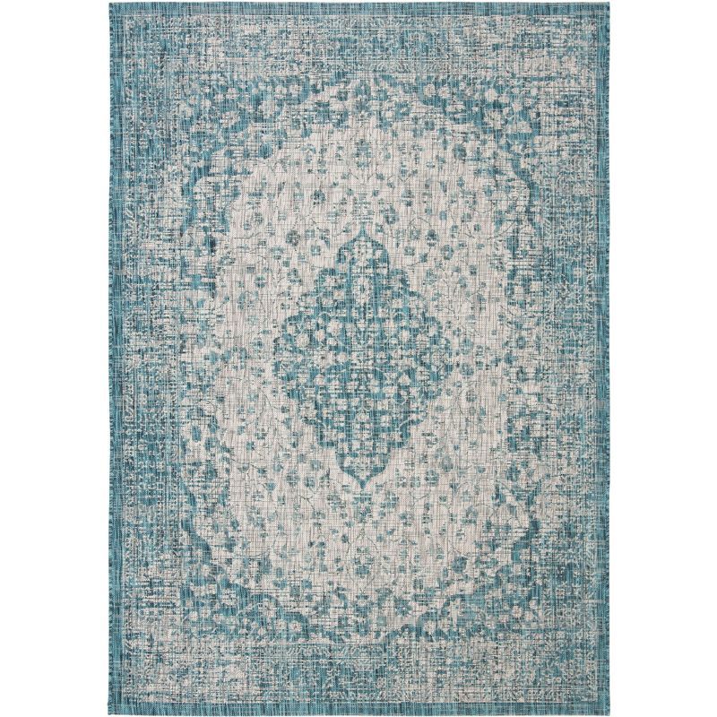 Teal and Cream Synthetic Indoor/Outdoor Area Rug