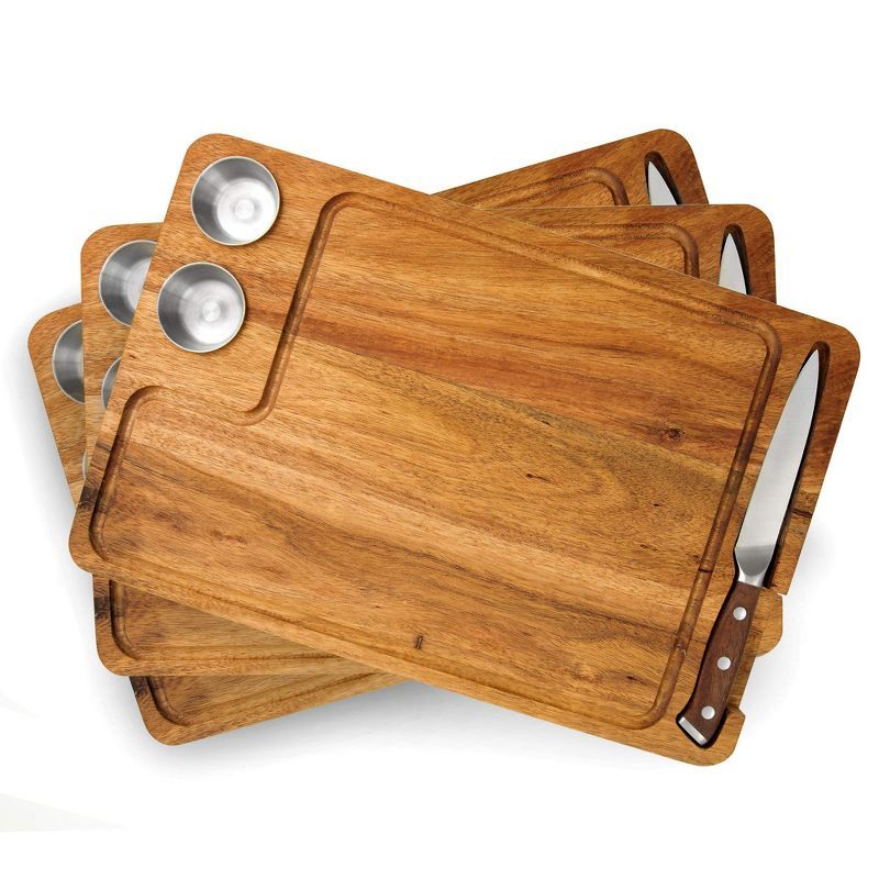 Acacia Wood Steak Board Set with Sauce Cups and Knife, 3 Pack