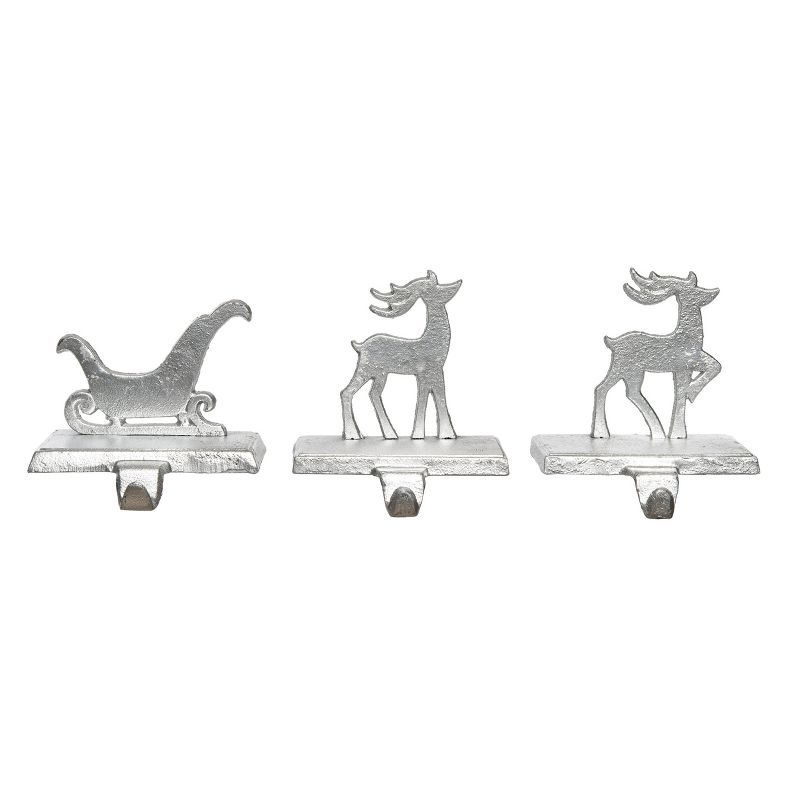 Silver Metal Christmas Reindeer and Sleigh Stocking Holder Set