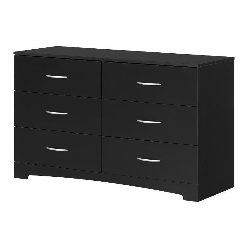 Transitional Pure Black 6-Drawer Double Dresser with Nickel Handles