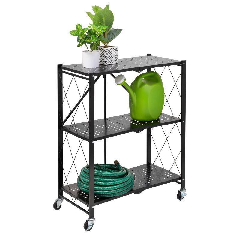 Black Metal 3-Tier Foldable Mobile Shelf Rack