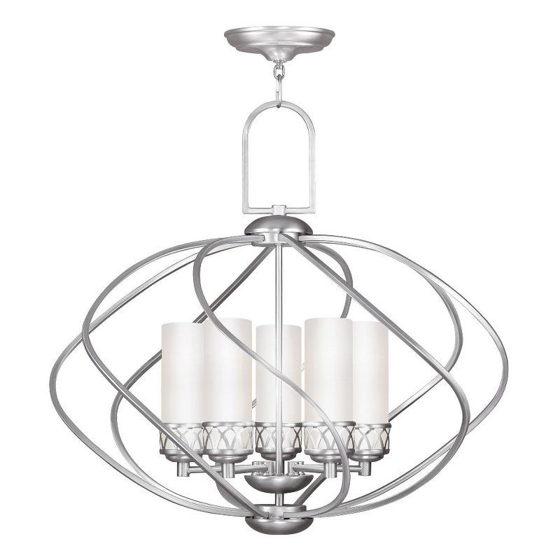 Elegant Brushed Nickel 5-Light Cage Chandelier with Satin White Glass