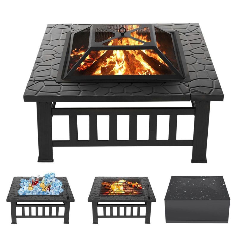 32-Inch Black Square Metal Wood Burning Fire Pit Table