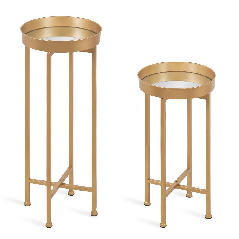 Glamorous Gold Round Metal & Glass Mirrored Side Table Set