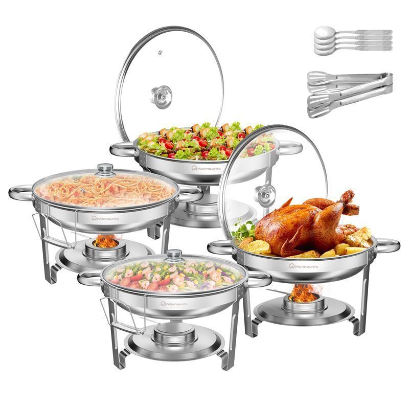 5QT Stainless Steel Round Chafing Dish Buffet Set with Glass Lid, 4-Pack