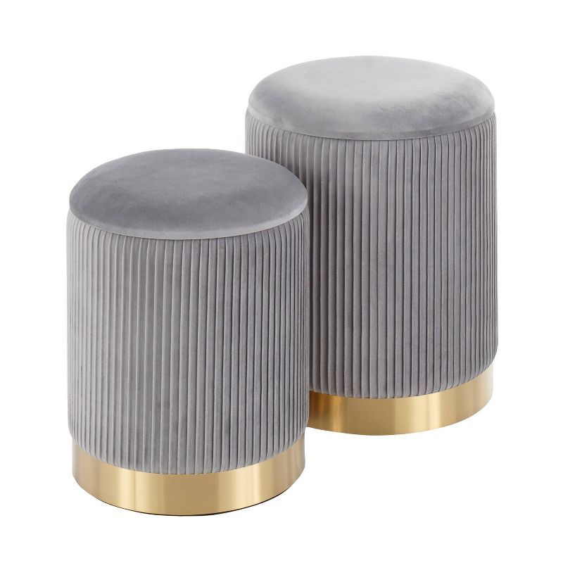 Gray Velvet Pleated Nesting Ottomans with Gold Metal Base