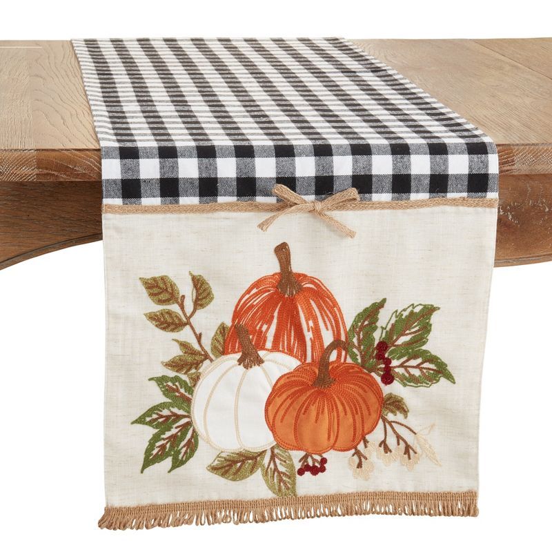 Black and White Plaid Pumpkin Embroidered Table Runner