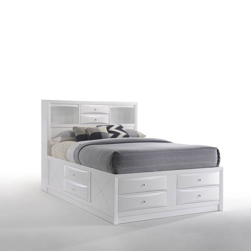 Elegant Full-Size White Wood Frame Storage Bed with Bookcase Headboard