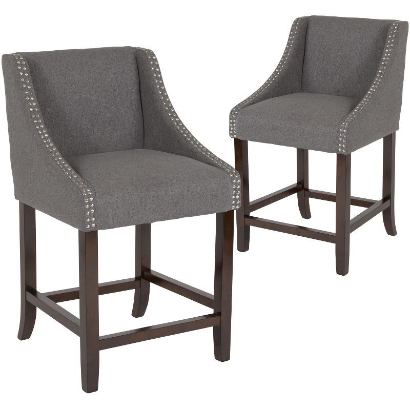 Walnut Wood Counter Height Stool with Dark Gray Fabric and Nailhead Trim - Set of 2