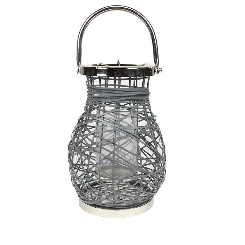 Gray Woven Iron and Glass Hurricane Candle Lantern