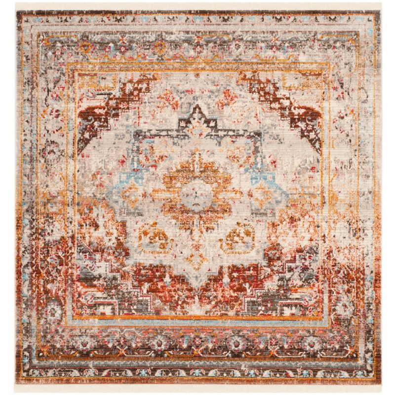 Elegant Cream and Multicolor 5' Square Synthetic Area Rug