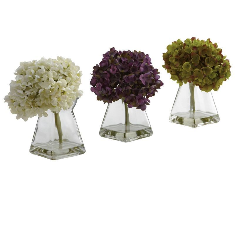 Set of 3 Multicolor Artificial Hydrangea Arrangements with Glass Vases