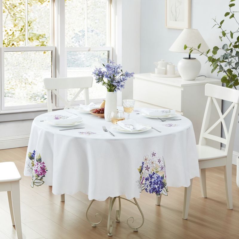 White and Purple Floral Embroidered Round Fabric Tablecloth, 70"