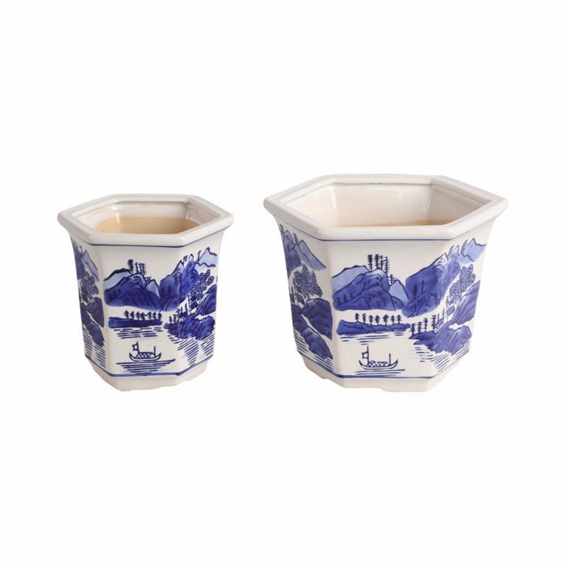 Blue and White Ceramic Chinoiserie Planters, Set of 2