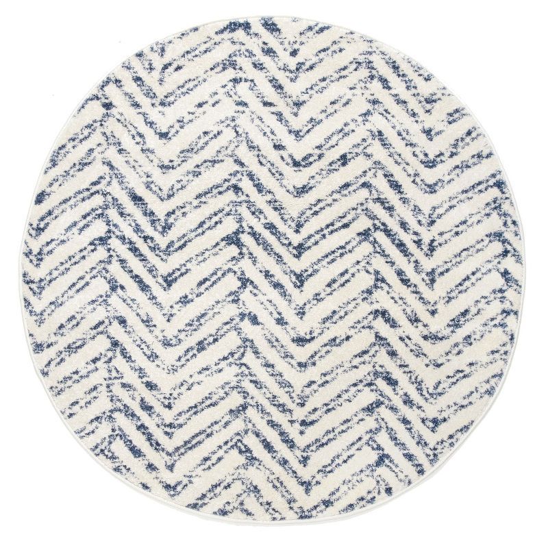 Reversible Geometric Blue Round Easy-Care Synthetic Rug