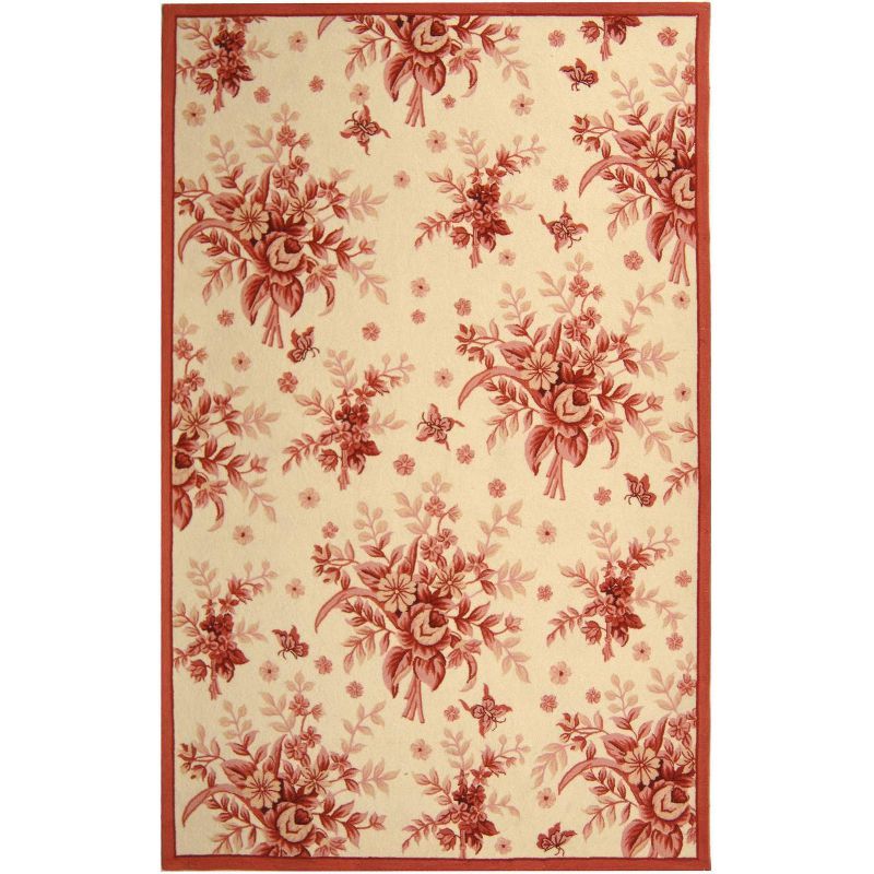 Ivory and Rose Hand-Knotted Floral Wool Area Rug