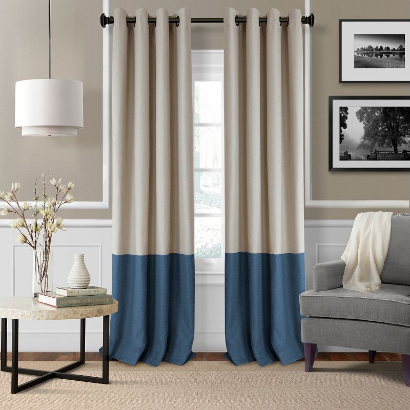 Navy and Beige Polyester Blackout Grommet Curtain Panel