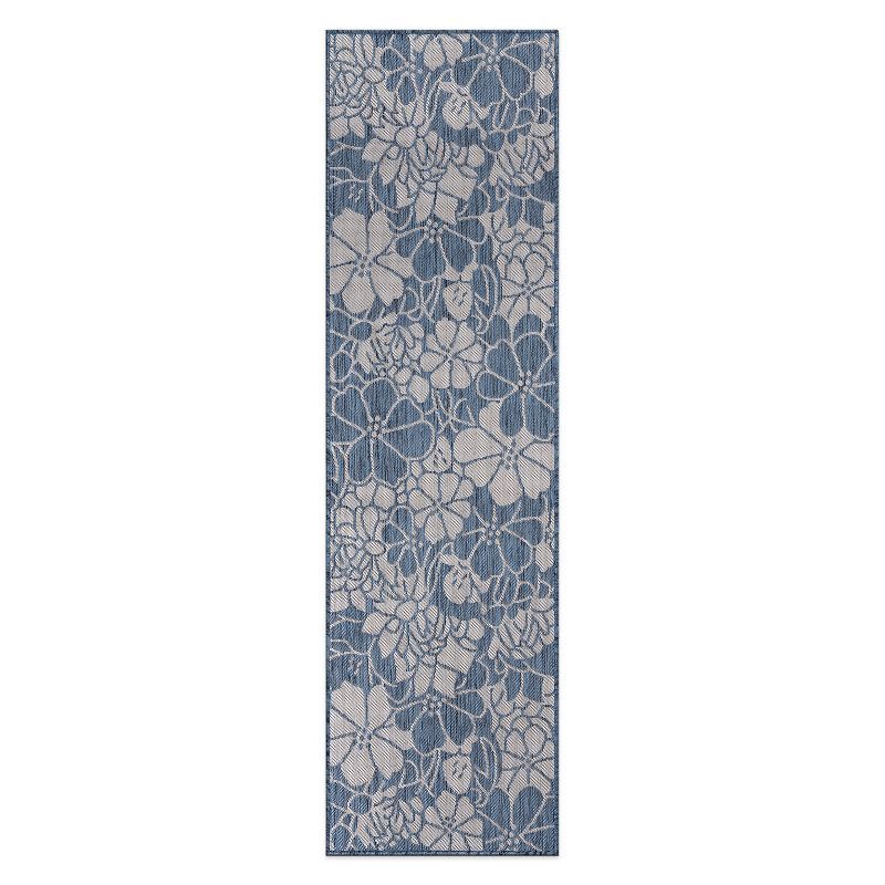 Blue Floral Synthetic Flat Woven Indoor/Outdoor Rug