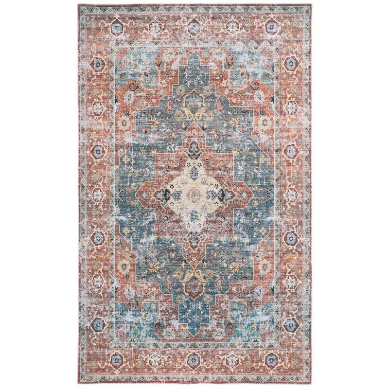 Rust and Blue Green 4' x 6' Synthetic Washable Area Rug