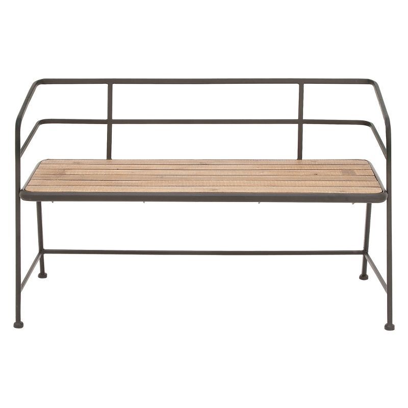 Industrial Black Metal and Brown Wood Slat Bench