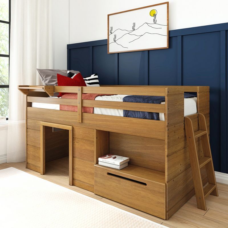 Pecan Pine Twin Loft Bed with Storage Drawer and Ladder