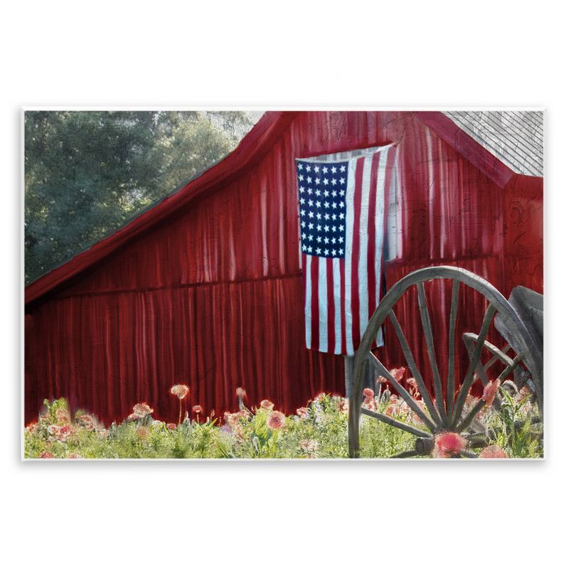 Rustic Red Barn with American Flag Wood Wall Art, 15" x 10"