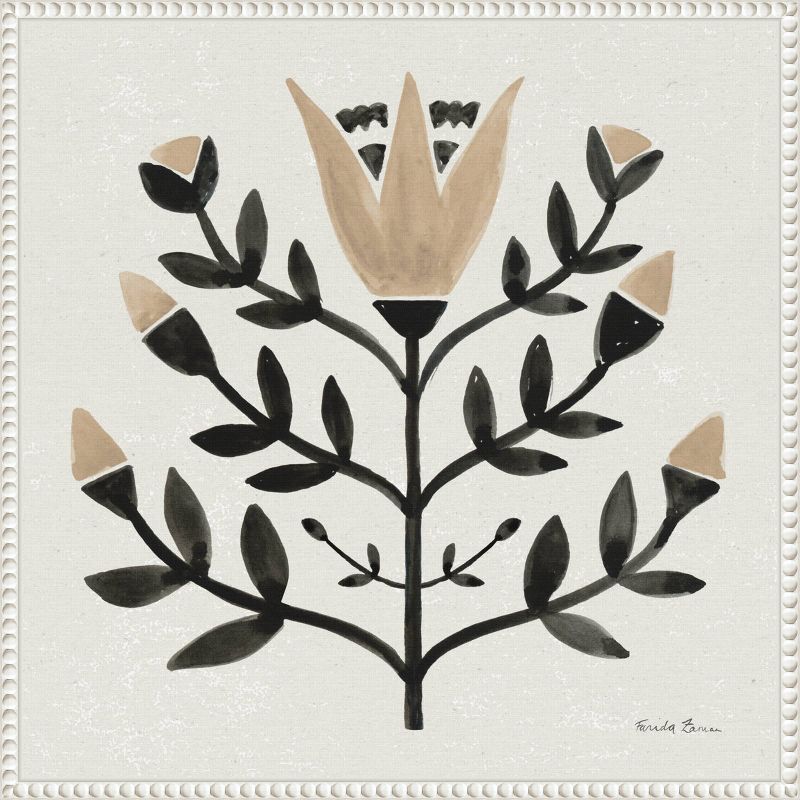 Beige and Black Beaded Perimeter Botanic Canvas Tapestry