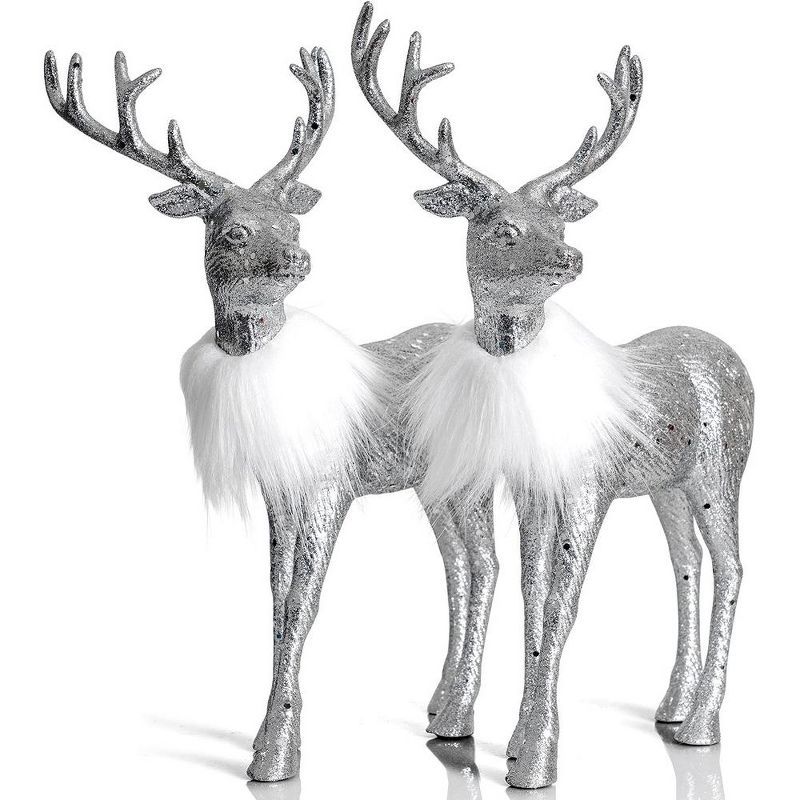 Silver Glitter Winter Reindeer Figurines with Faux Fur