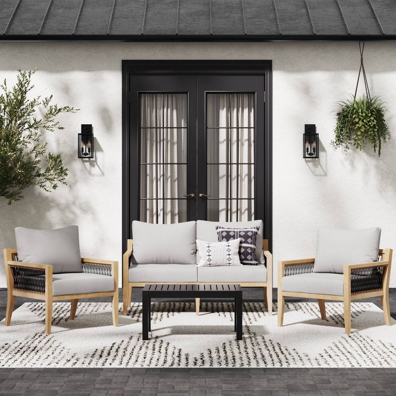 Freya Light Brown Acacia Wood Outdoor Seating Set with Gray Cushions