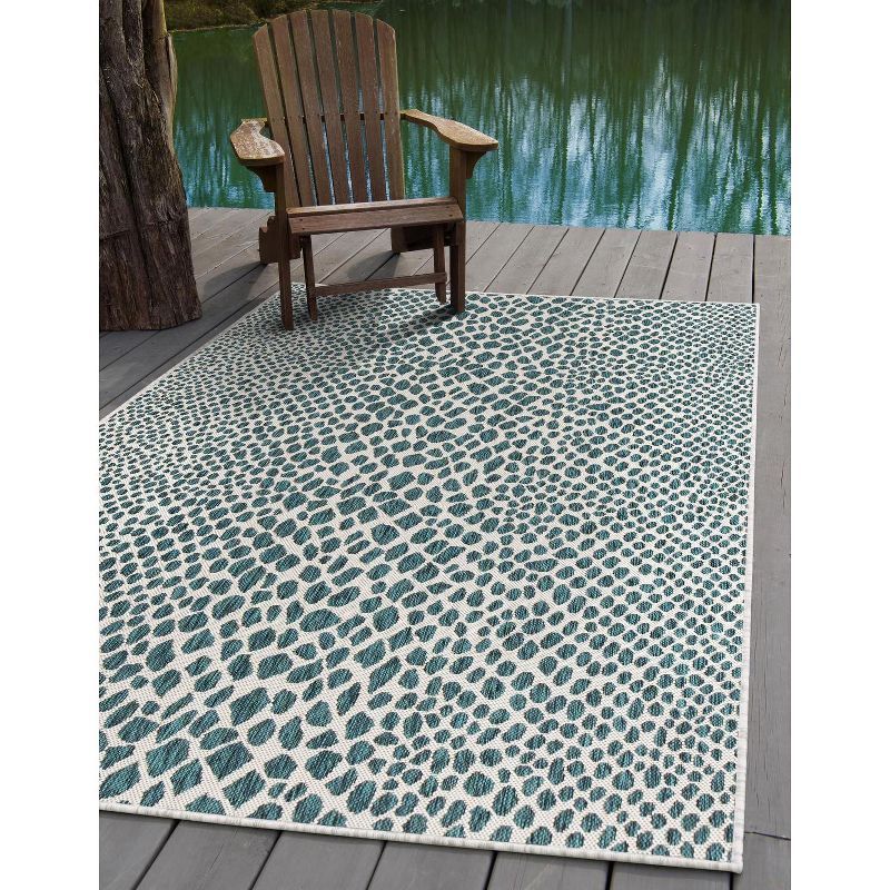 Teal and Ivory Rectangular Outdoor Area Rug, 6' x 9'