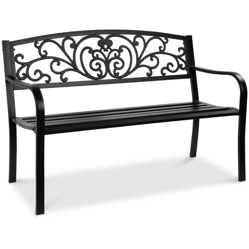 Black Steel Outdoor Bench with Floral Backrest, 52"