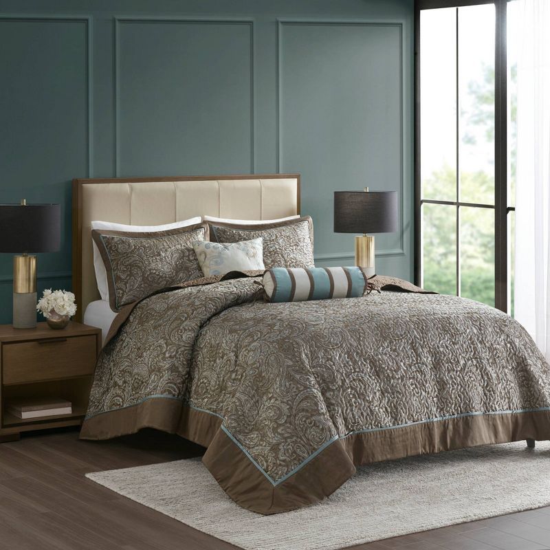 Aubrey Blue and Taupe Reversible Queen Bedspread Set