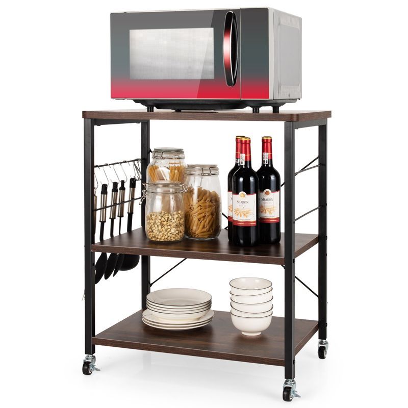 Nut Brown 3-Tier Kitchen Cart with Hooks and Wheels