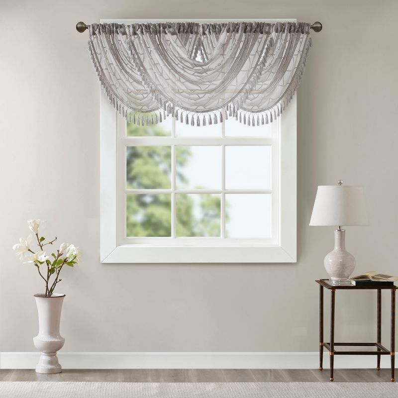 Gray Diamond Sheer Embroidered Waterfall Valance