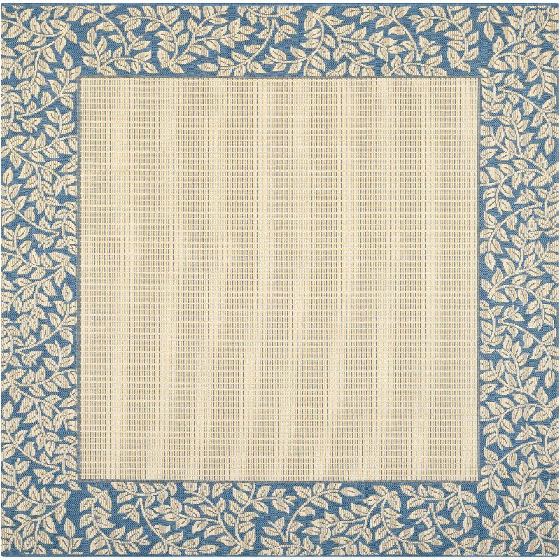 Natural and Blue Floral Border Square Outdoor Rug