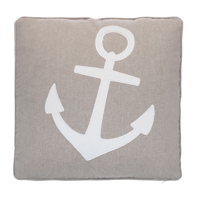 Beige and White Embroidered Anchor Square Throw Pillow