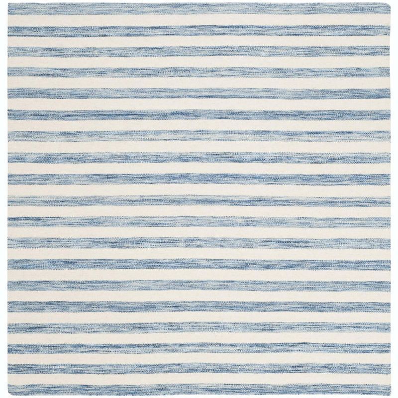 Handmade Blue and Ivory Wool Striped Square Rug