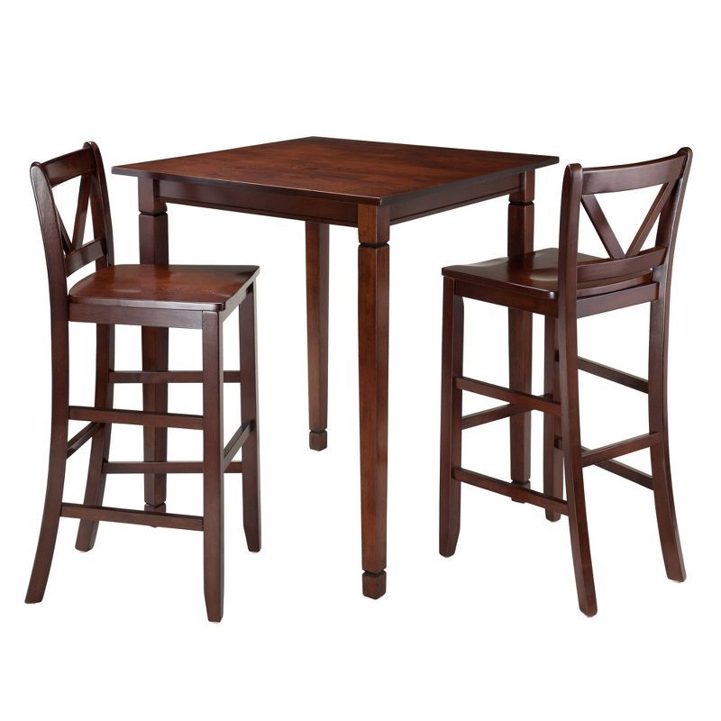 Walnut Transitional Square Pub Table with 2 V-Back Chairs