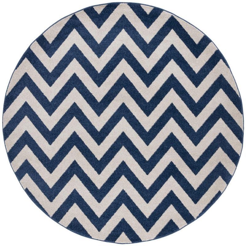 Navy & Beige Hand-Knotted Stripe Synthetic 7' Round Rug