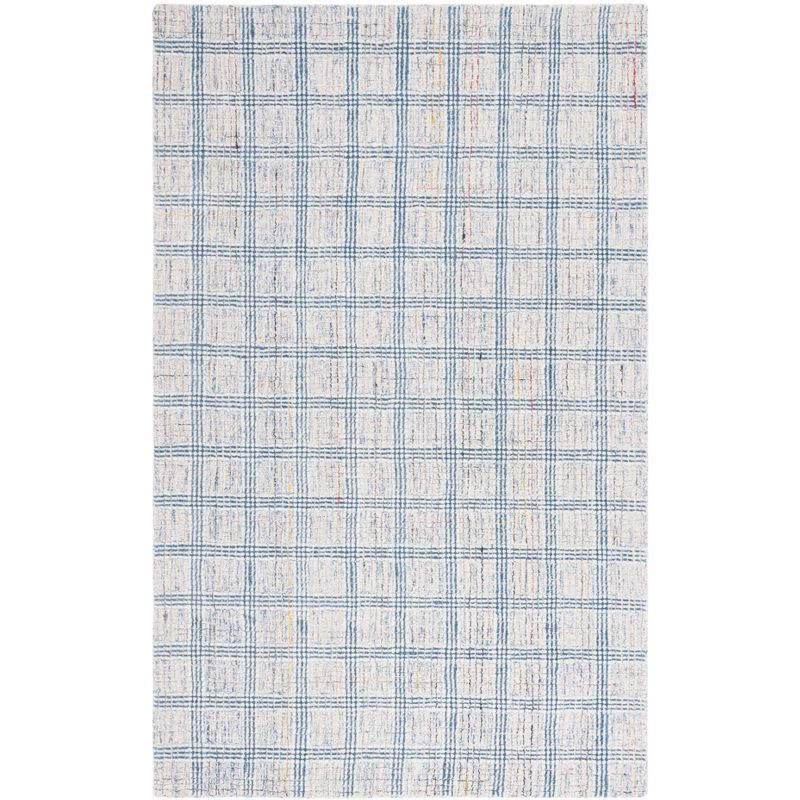 Ivory and Blue Hand-Tufted Wool Plaid Rug 3' x 5'